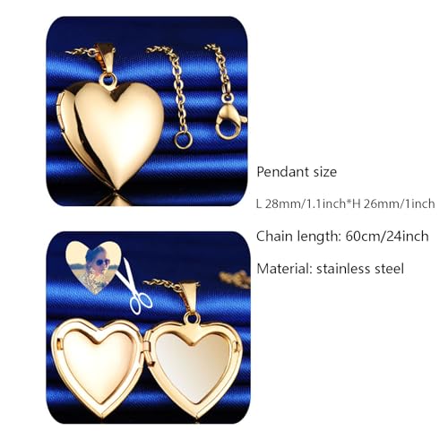 Men Women Photo Locket Necklace Heart Shape Locket Pendant with 24 Inch Chain for Birthday