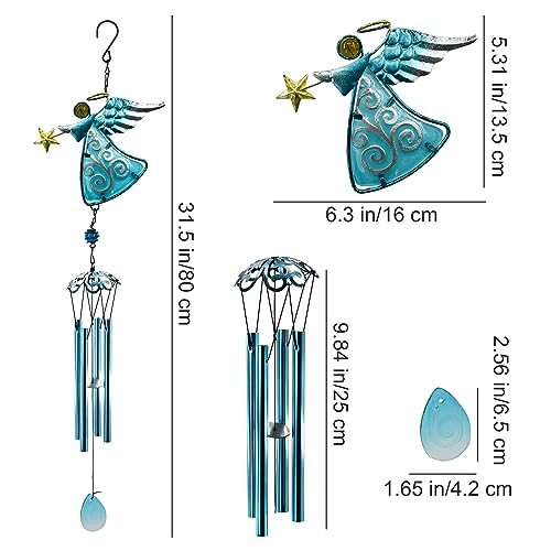 Angel Wind Chimes, 31.5” Angel Metal Wind Chimes for Outside with Metal Tubes & S Hook for Home Garden Decoration Christmas Decoration Hanging Ornament Wind Bell Gifts for Mom (Blue)