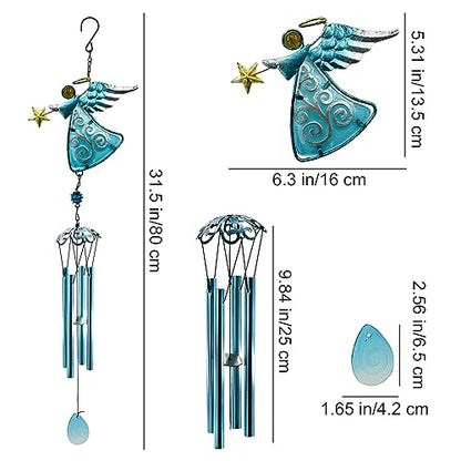 Angel Wind Chimes, 31.5” Angel Metal Wind Chimes for Outside with Metal Tubes & S Hook for Home Garden Decoration Christmas Decoration Hanging Ornament Wind Bell Gifts for Mom (Blue)