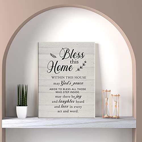 New Home Religious Wall Art Bless This Home Canvas Print with Inspirational Quote Framed Artwork Painting for Rustic Wall & Tabletop Decor Housewarming Gifts
