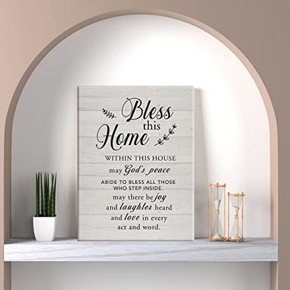 New Home Religious Wall Art Bless This Home Canvas Print with Inspirational Quote Framed Artwork Painting for Rustic Wall & Tabletop Decor Housewarming Gifts