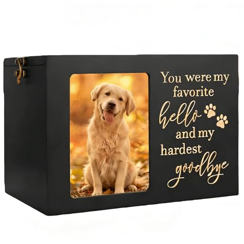 Dog Urn,Pet Urns for Dogs, Up to 80lb Pets,Pet Urn, Dog Urns for Ashes & Cat Urn, Medium Wooden Memorial Box with Photo Frame, Black Flannel Lining