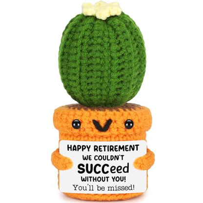 Funny Retirement Gifts for Women Men Coworker Boss Friends Teacher, 2026 Retired Gift for Woman Mom Teacher, Be Missed Cactus Crochet with Funny Card Desk Office Decor Decoration Best Happy Retirement - style: You'll be missed