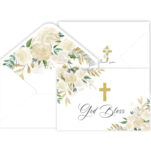 24 Pack Christian Thank You Cards, Watercolor Floral Cross Baptism Thank You Cards with Envelopes & Stickers, VBS Thank You Cards First Communion & Religious Occasions - style: 24 Pcs - Golden Christian