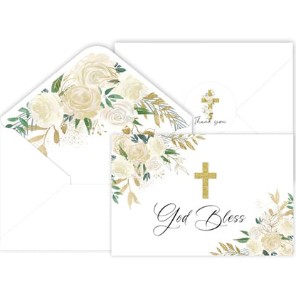 48 Pack Baptism Thank You Cards with Envelopes, Watercolor Floral Cross Christian Thank You Cards for Wedding Communion Baby Shower - style: 48 Pcs - Golden Cross