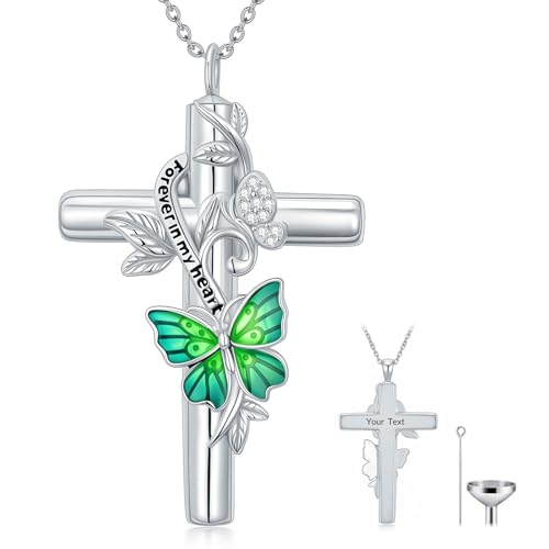 SOULMEET Enamel Butterfly Cross Urn Necklace for Ashes, Cross Moissanite Butterfly Ashes Necklaces with Forever in My Heart Engraved Keepsake Cremation Locket Jewelry for Women Men - color: D-Green, style: Custom Engraved
