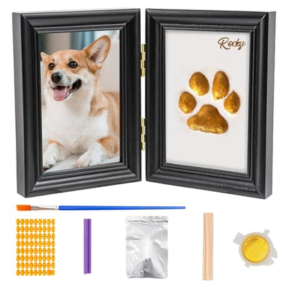 Avont Paw Print Kit, Pet Memorial Keepsake with Frame | Skin-Friendly Air-Dry Clay | Wooden Double-Hinged Frame | DIY Pet Name Stencils | Tabletop & Wall Mount | Black - color: Black