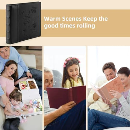 Photo Album Hold 200 4x6 Photos with Memo Writing Space (Black) | Faux Leather Picture Book Fits 4x6 Photo, 200 Pockets Great for Wedding Family Holidays - color: Black