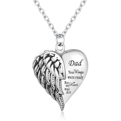 Heart Cremation Urn Necklace Human Ashes Jewelry for Women Men Engraved Your Wings were Ready but My Heart was Not Angel Wings Memorial Pendant Necklace Gift for Family Members - color: Dad