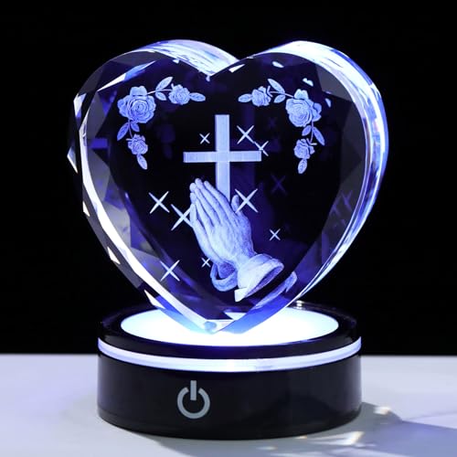 Ornalrist Crystal 3D Cross Praying Hands Religious Gifts for Women Men | LED Light Base, Glass Heart Christian Gift Idea for Catholic, Collectible Keepsake Night Light on Easter Home Decor - color: Praying Hand