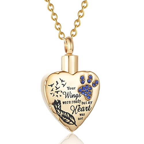 Fashion Pet Cremation Jewelry Stainess Steel Heart Keepsake Ashes Necklace Dog Cat Paw Memorial Urn Pendant - color: Gold-Feather-Dark Blue