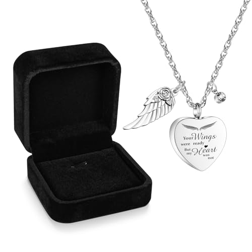 Dletay Heart Urn Necklace for Ashes with 12 Birthstones Cremation Jewelry for Ashes -Your Wings Were Ready My Heart Was Not - color: Your wings-Silver with Box