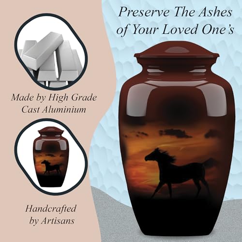 Forever URNS Adult Cremation Funeral Urn with Printed Black Horse in Evening Sunlight Theme for Human Ashes of Female & Male | 200 cu in | Large | Completely Handcrafted with Velvet Protection Bag