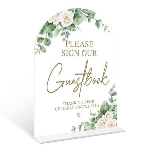Eucalyptus Rose Please Sign Our Guestbook Sign, 6 x 8 Inch White Arch Acrylic Wedding Sign with Holder, Wedding Sign for Ceremony and Reception, Wedding Decoration, Wedding Supplies - AM02 - color: Rose Please Sign Our Guestbook, size: Eucalyptus 6X8IN
