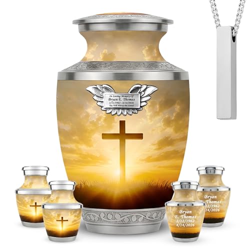 Custom Engraved Plaque Traditional Cremation Urns for Human Ashes Set of 6 for Adult Male & Female Includes 1 Large Funeral Urn with 4 Mini Keepsakes & 1 Necklaceurn - Sunset Cross - color: Sunset Cross Set - Plaque
