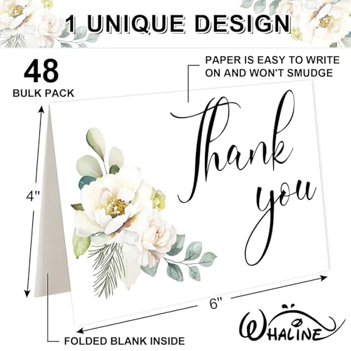 Whaline 48Pcs Funeral Thank You Cards White Floral Sympathy Thank You Card with Stickers Envelope Bereavement Note with Message for Memorial Service Loved Ones Celebration of Life