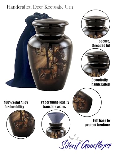 Gone Hunting Deer Keepsake Urn with Sunrays – Majestic Buck Mini Memorial Urn for Human Ashes – Handcrafted Sharing Token Funeral Urn with Velvet Bag & Funnel (Keepsake) - size: Keepsake