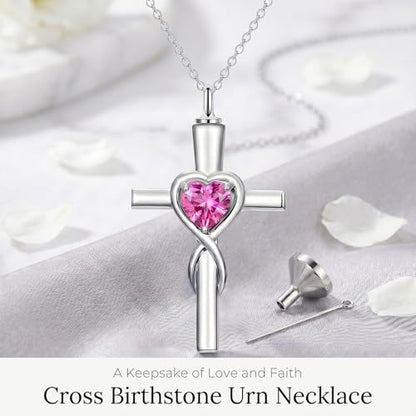 YYB Urn Necklace for Ashes Women Heart Birthstone Cross Cremation Jewelry | Memorial Keepsake Funeral Jewelry for Loved Ones (with Funnel Filler) - color: 10-Oct-Pink Tourmaline