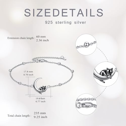 AOBOCO 925 Sterling Silver Cute Cat Kitty Bracelet Adjustable Link Chain, Cat Jewelry Gifts for Cat Lovers 7-9 inches - style: G-Cat&Moon