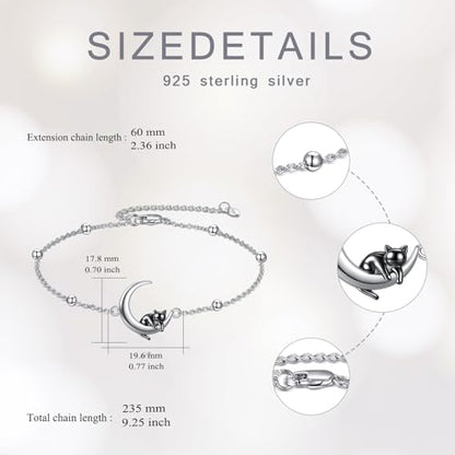 AOBOCO 925 Sterling Silver Cute Cat Kitty Bracelet Adjustable Link Chain, Cat Jewelry Gifts for Cat Lovers 7-9 inches - style: G-Cat&Moon