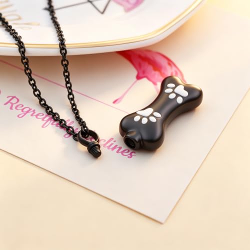 Custom Dog Bone Memorial Pendant Necklace with Paw Print, Stainless Steel Personalized Pet Cremation Jewelry Puppy Animal Urn Pendant Best Friends Friendship Pet Keepsake Gifts Dog Urn Necklace for Ashes for Dog Lovers - color: Black