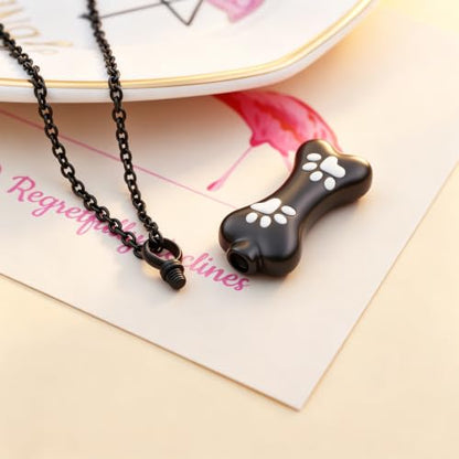 Custom Dog Bone Memorial Pendant Necklace with Paw Print, Stainless Steel Personalized Pet Cremation Jewelry Puppy Animal Urn Pendant Best Friends Friendship Pet Keepsake Gifts Dog Urn Necklace for Ashes for Dog Lovers - color: Black