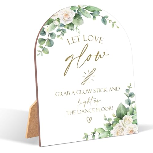 White Rose Let Love Glow Sign, Wedding Ceremony Signs, 6 x 8 Inch Arch Wooden Tabletop Sign with Stand, Wedding Reception Decoration Supplies (BJ09) - color: Let Love Glow