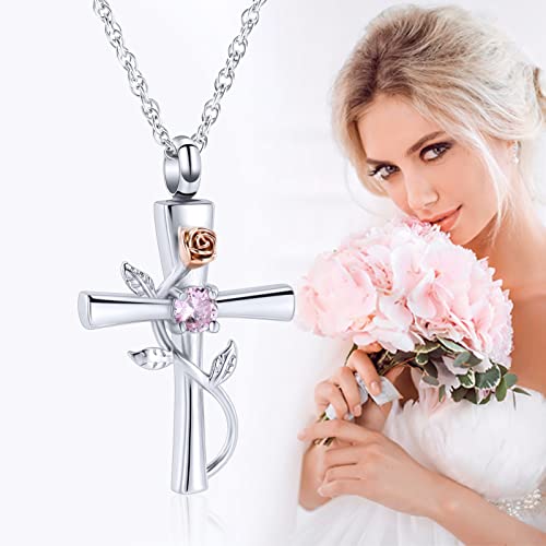 shajwo Cross Urn Necklace for Ashes Birthstone Rose Flower Cremation Jewelry for Women Gilrs Keepsake Memorial Ashes Pendant - color: Pink