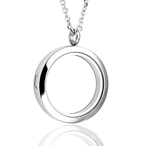 Zysta Silver Round Locket Pendant Necklace 30mm Glossy Stainless Steel Clear Glass Living Memory Floating Charms Stone Storage - color: Silver-Glossy-30mm