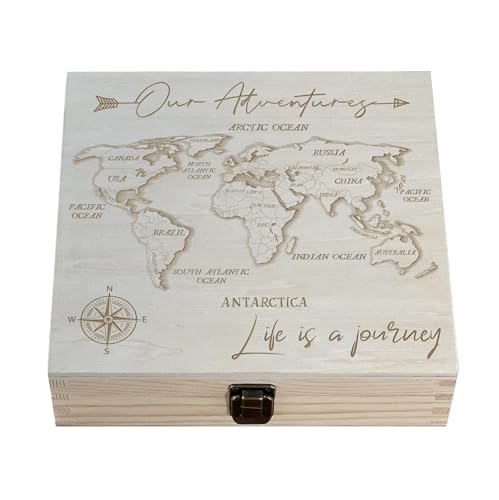 Our Adventures Box, World Explorer Keepsake Box - Elegant Map Design, Perfect for Travel Memories, 8.5x8x2.5in, Durable Wooden Construction, Ideal Gift for Travelers - color: Natural Box Worl of Map