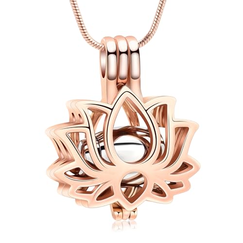 Cremation Jewelry Lotus Flower Urn Necklaces for Ashes Stainless Stell Memorial Ash Pendant Necklaces with Mini Urn Keepsake Ash Jewelry for Men Women Gifts with Funnel Filler Kit - color: Rose-Silver
