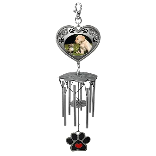Pet Memorial Garden Stake with Wind Chimes & Photo Frame – Paw Prints on My Heart Pet Loss Gift for Dog or Cat Memorial – Black Wrought Iron Outdoor Grave Marker Sympathy Gift – 22.5"