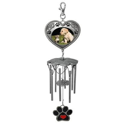 Pet Memorial Garden Stake with Wind Chimes & Photo Frame – Paw Prints on My Heart Pet Loss Gift for Dog or Cat Memorial – Black Wrought Iron Outdoor Grave Marker Sympathy Gift – 22.5"