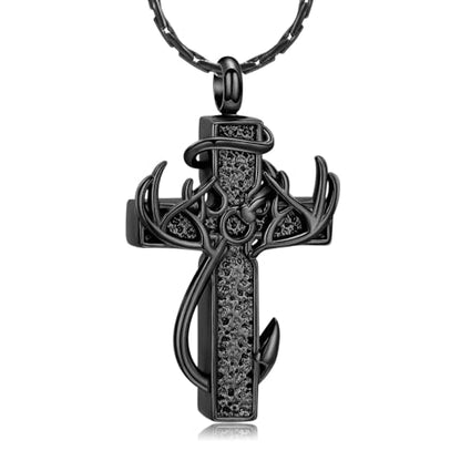 constantlife Cross Urn Necklace for Ashes for Women Men Fish Hook Memorial Pendant Deer Antler Cremation Jewelry Human Pet Ashes Holder Keepsake - color: Black