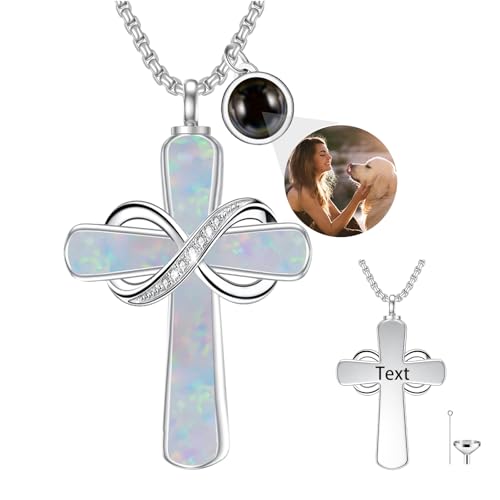 Turquoise Cross Urn Necklaces for Human Ashes 925 Sterling Silver Urn Necklaces Cremation Keepsake Memorial Pendant Necklace for Ashes for Loved One Human Pet - style: Infinity-White opal-Text&photo