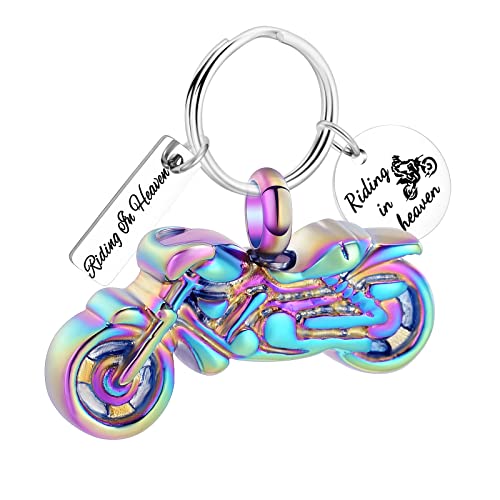 Yinplsmemory Cremation Jewelry Motorcycle Urn Keychain for Ashes Keepsake Urn Key Ring for Human/Pet Ashes Holder - color: Rainbow