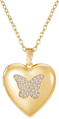 YOUFENG Love Heart Locket Necklace that Holds Pictures Photo Locket Birthday Gifts - style: Gold-plated Butterfly