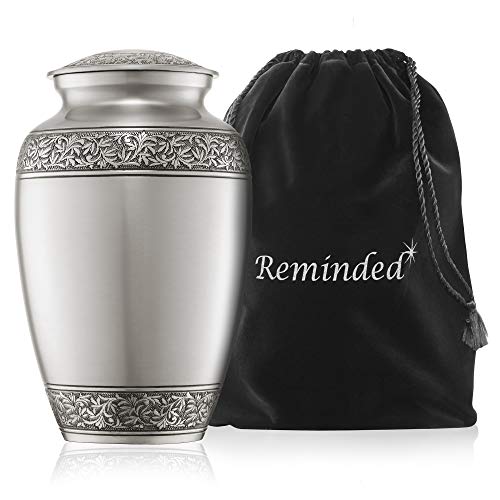 Reminded Cremation Memorial Urn for Human Ashes, Silver Adult Funeral Urn with Velvet Bag - color: Silver