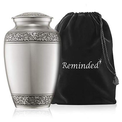 Reminded Cremation Memorial Urn for Human Ashes, Silver Adult Funeral Urn with Velvet Bag - color: Silver