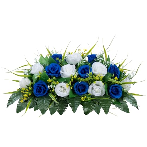 MOOMASS Cemetery Headstone Flower Saddle - Artificial Cemetery Flowers Rose, Grave Decoration，Non-Bleed Colors, and Easy Fit (Dark Blue+White, Saddle) - color: Dark Blue+white, size: saddle