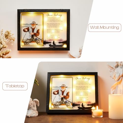 WOODEXPE Sympathy Gift LED Memorial Shadow Box 10"x8" Gone Fishing Memorial Picture Frame Plaque, Remembrance Funeral Condolences Bereavement Grief Gifts for Loss of Loved One