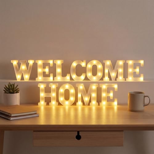 11 Pcs Welcome Home Decorations Marquee Light Letters Welcome Home LED Sign for Wall Shelf Table Battery Powered Light up Sign Housewarming Military Homecoming Family Gathering Party Supplies - style: Welcome Home