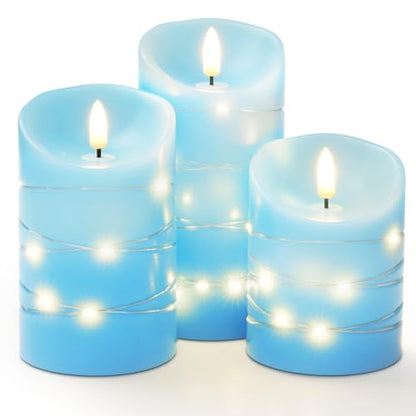 Homemory Flameless Candles with String Lights, 3 Pack Embedded Fairy String Lights LED Candles, Electric Flickering Candles with Remote Control and Timer, Real Wax, Blue - color: Blue