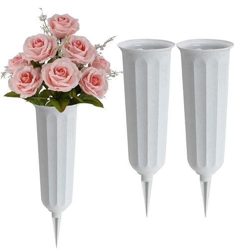 Black Duck Brand Set of White Cemetery Vases - 9.75"x3" Including Stake - White to Blend with Memorial Stone (White, 2) - color: White