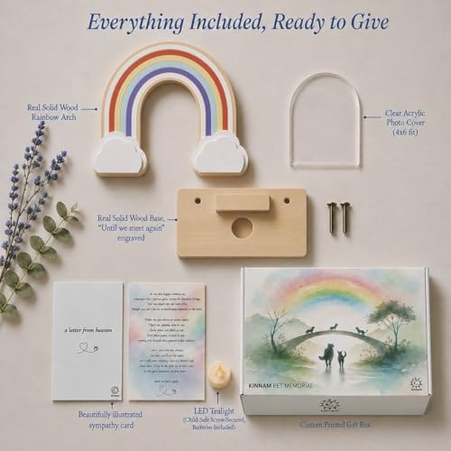 Rainbow Bridge Dog Memorial Gifts | Premium Solid Wood Pet Memorial Picture Frame for 4x6 Photo, LED Candle, Sympathy Card, Gift Box | Pet Loss Sympathy Gift Set for Dogs & Cats, In Memory of Dog