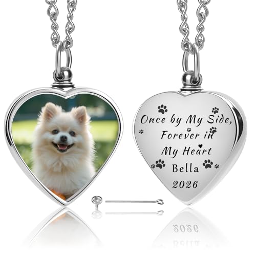 QYH Personalized Pet Ashes Necklace with Custom Photo and Engraving | Heart-Shaped Urn Pendant – Cremation Jewelry Keepsake for Dog and Cat Ashes, a Meaningful Memorial Gift for Pet Lovers - style: Silver