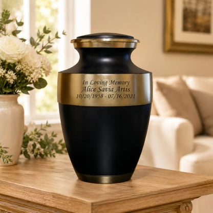 Black and Gold Cremation Urn for Human Ashes, Adult Engraved Memorial Urn