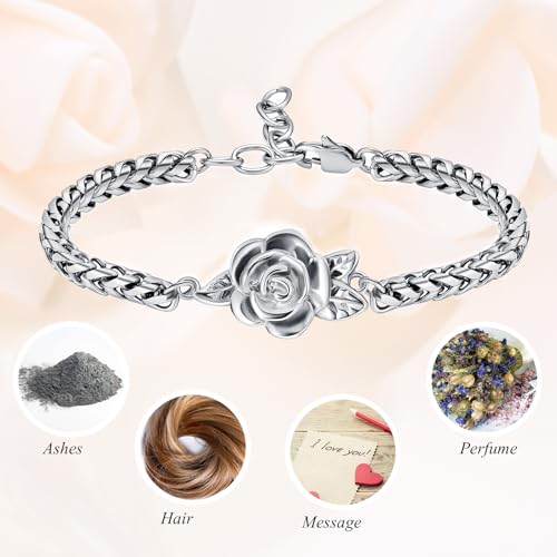 Minicremation Women's Adjustable Rose Urn Bracelet Ashes Holder Memorial Elegant Link Chain Keepsake Cremation Bangle to Hold Ashes - color: Silver-A