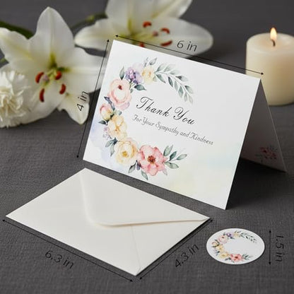 Funeral Thank You Cards with Envelopes & Stickers, 40 Pack 4x6 Inch Folded Bereavement Sympathy Thank You Cards with Message Inside, 5 Watercolor Designs for Memorial Service, Family, Friends & Loved Ones (Watercolor A)
