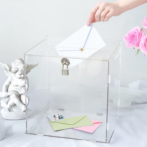 Pure Clear Acrylic Card Box with Slot & Lock, DIY Large Wedding Card Boxes for Reception, Elegant Money Envelop Gift Cards Box for Party Wedding Birthday Baby Shower Graduation Table Decor - style: Minimalist